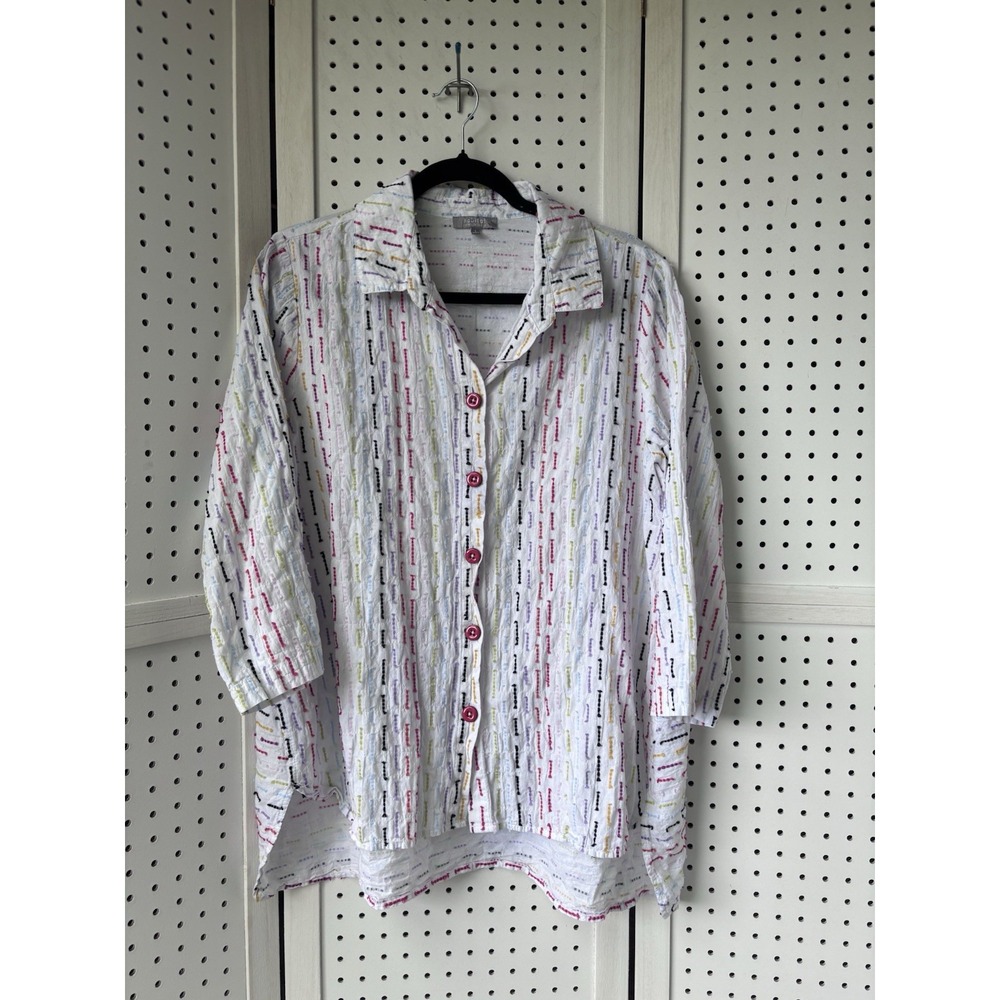 Habitat Women's Lg Cotton Blend White Colorful Rainbow 3/4 Button Blouse Shirt